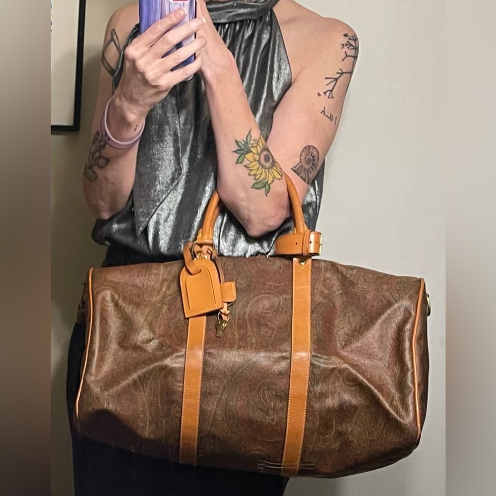 Etro Authentic Vintage Paisley Print Coated Canvas Weekender Bag w/ Leather Trim